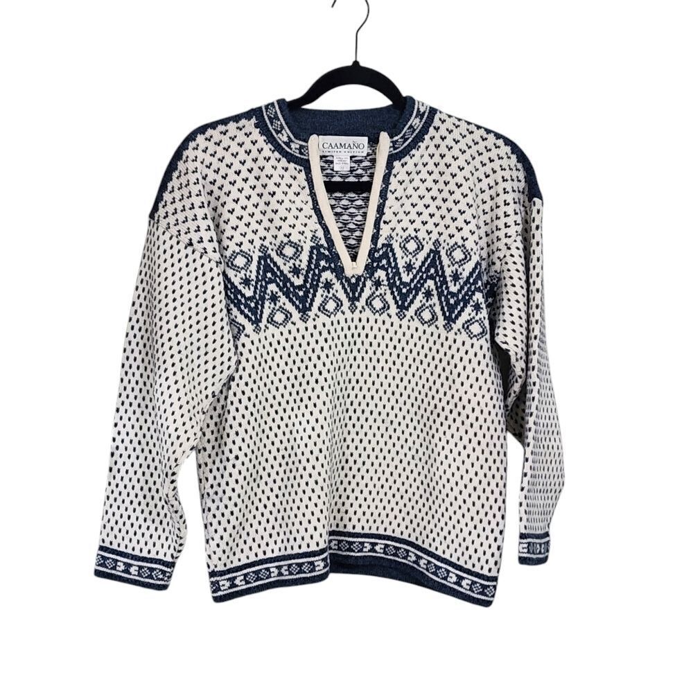 Caamano Alpaca sweater XS cream & blue Fair Isle hand knitted in Peru Grandpa